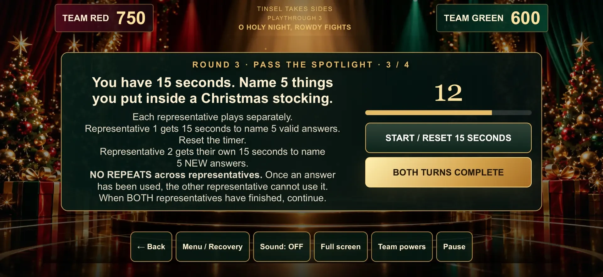 Pass the Spotlight round: name 5 things you put inside a Christmas stocking in 15 seconds, with a timer and host controls.
