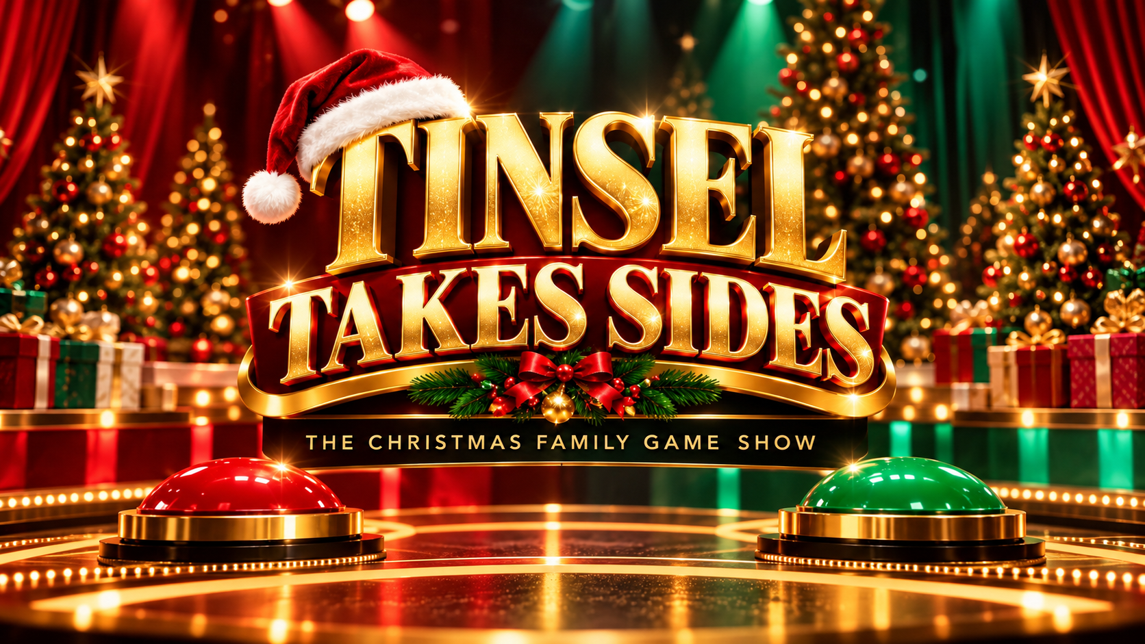 Tinsel Takes Sides — The Christmas Family Game Show. Official dimensional gold title, Santa hat, red and green buzzers, and a Christmas television stage.