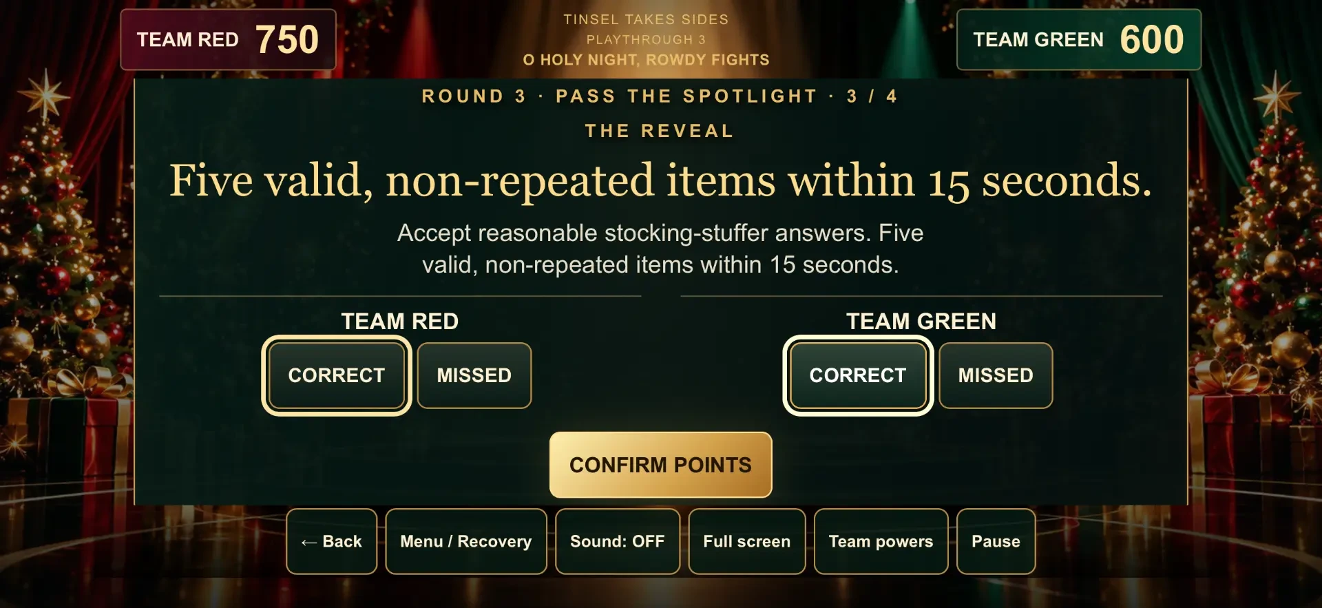 Scoring reveal screen where the host marks each team correct or missed and confirms points.